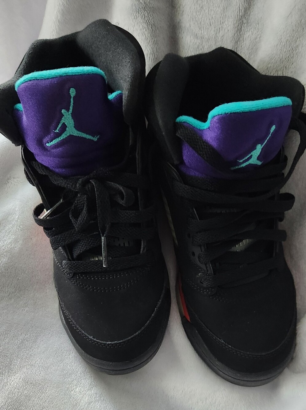 Jordan Kids Black Sneakers with Purple Tongue & Teal Jumpman